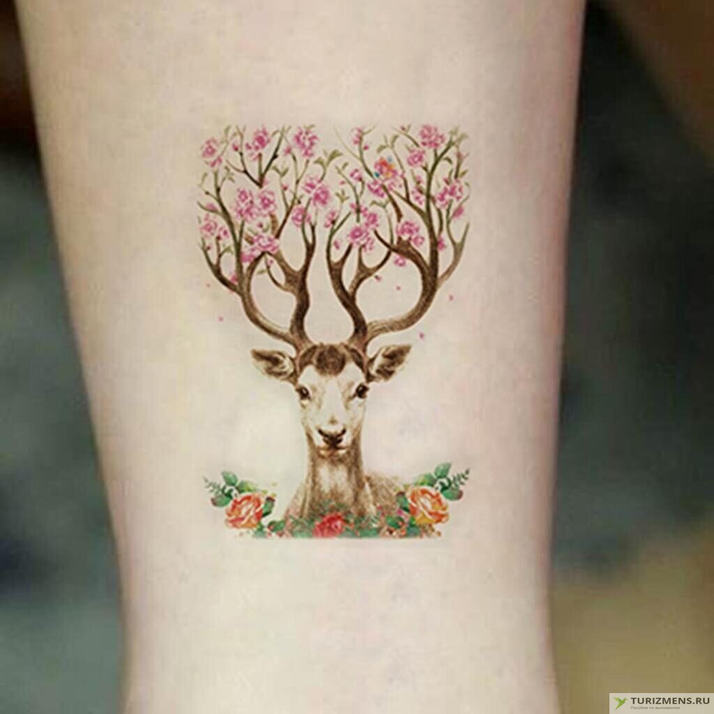 Татуировка голова оленя с цветами в рогах